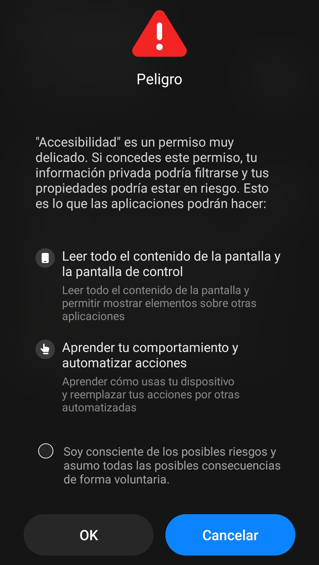 El mismo aviso de permiso de accesibilidad en un dispositivo Xiaomi con MIUI, titulado “Peligro”, con un triángulo rojo de advertencia y una casilla de consentimiento