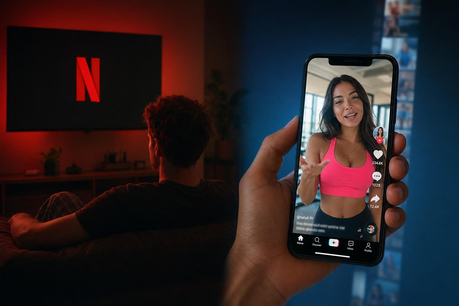 Split image: a person on a couch watching the Netflix logo on a TV, contrasted with a hand holding a phone playing a TikTok video of a fitness influencer talking to camera.