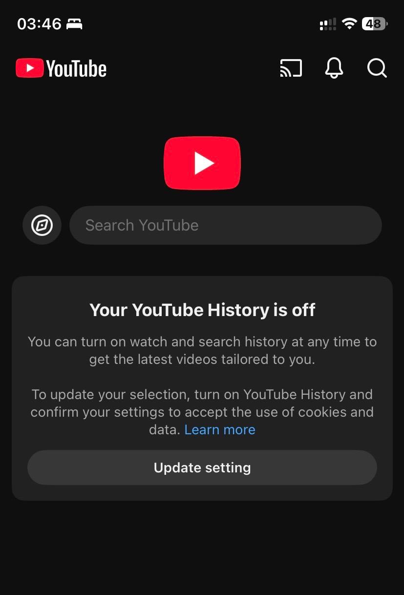 YouTube signed-out home screen showing watch history off and no personalized recommendations in the home feed.